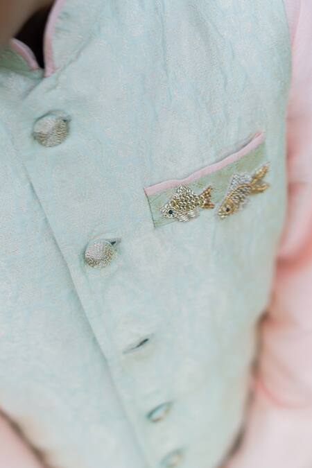 Buy Little Luxury Green Silk, Cotton Embroidery Floral Woven Bundi And Dhoti Pant Set Online at Aza Fashions Buy_Little Luxury_Green Silk, Cotton Embroidery Floral Woven Bundi And Dhoti Pant Set _Online_at_Aza_Fashions