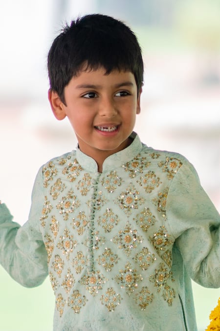 Shop Little Luxury Green Cotton, Silk Embroidery Kurta Set at Aza Fashions Shop_Little Luxury_Green Cotton, Silk Embroidery Kurta Set _at_Aza_Fashions
