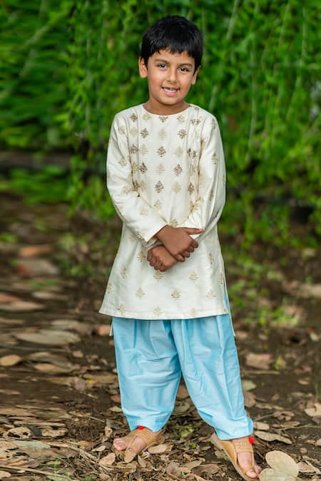 Little Luxury Beige Linen, Silk, Cotton Embroidery Kurta Set 