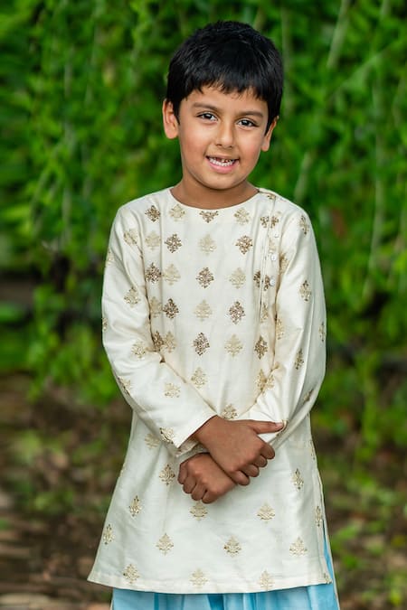 Shop Little Luxury Beige Linen, Silk, Cotton Embroidery Kurta Set at Aza Fashions Shop_Little Luxury_Beige Linen, Silk, Cotton Embroidery Kurta Set _at_Aza_Fashions