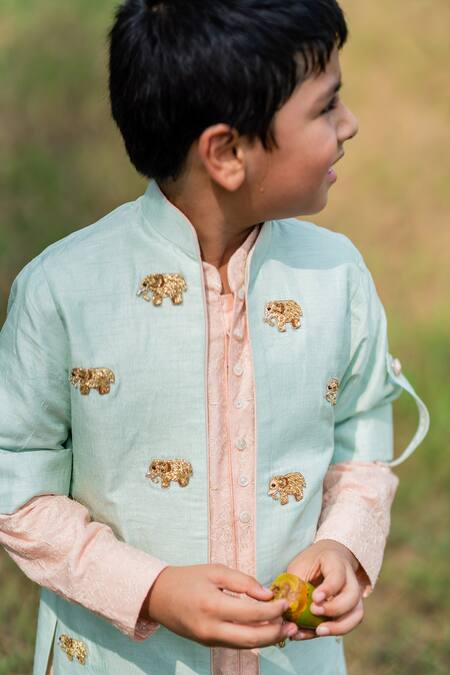 Little Luxury Green Cotton Embroidery Jacket And Kurta Set Online at Aza Fashions Little Luxury_Green Cotton Embroidery Jacket And Kurta Set _Online_at_Aza_Fashions