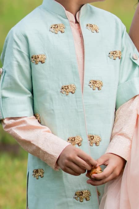 Buy Little Luxury Green Cotton Embroidery Jacket And Kurta Set Online at Aza Fashions Buy_Little Luxury_Green Cotton Embroidery Jacket And Kurta Set _Online_at_Aza_Fashions