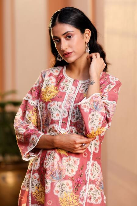 Shop_Sage Saga_Peach Lawn Cotton Floral Motifs Round Maham Print Kurta_Online_at_Aza_Fashions