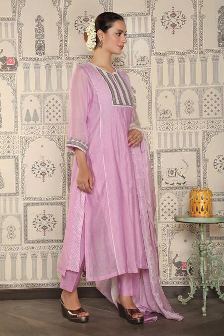 Falguni.Foram_Purple Dupatta Silk, Kurta And Pant Chanderi Silk, Slip Block Printed Mal Set _Online_at_Aza_Fashions