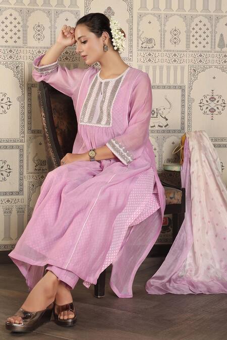 Shop_Falguni.Foram_Purple Dupatta Silk, Kurta And Pant Chanderi Silk, Slip Block Printed Mal Set _Online_at_Aza_Fashions