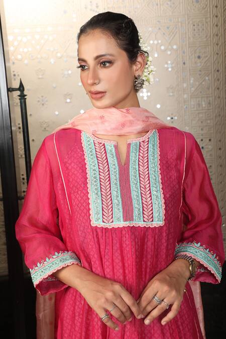 Shop_Falguni.Foram_Pink Dupatta Silk, Kurta And Pant Chanderi Silk, Slip Block Printed Mal Set _Online_at_Aza_Fashions