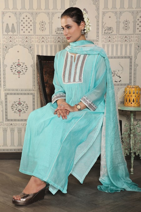 Buy_Falguni.Foram_Blue Dupatta Silk, Kurta And Pant Chanderi Silk, Slip Block Printed Mal Set _Online_at_Aza_Fashions