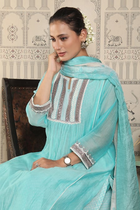 Shop_Falguni.Foram_Blue Dupatta Silk, Kurta And Pant Chanderi Silk, Slip Block Printed Mal Set _Online_at_Aza_Fashions