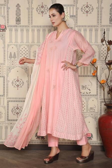 Falguni.Foram_Pink Chanderi Silk, Slip Mal Floral Notched Anarkali Pant Set _Online_at_Aza_Fashions