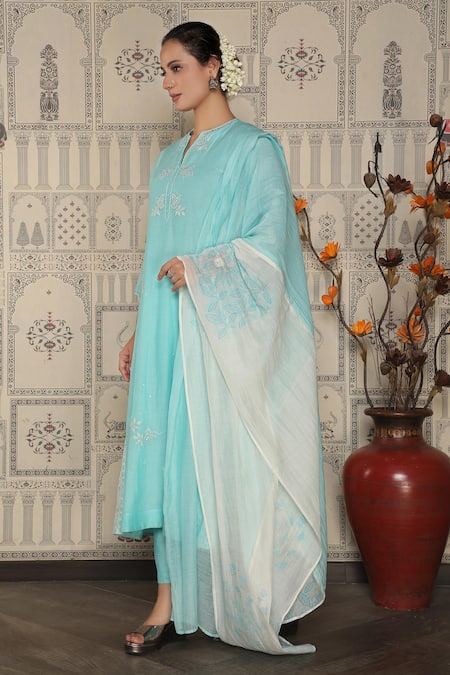 Falguni.Foram_Blue Chanderi Silk, Slip Mal Floral Notched Anarkali Pant Set _Online_at_Aza_Fashions
