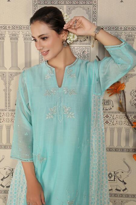 Buy_Falguni.Foram_Blue Chanderi Silk, Slip Mal Floral Notched Anarkali Pant Set _Online_at_Aza_Fashions