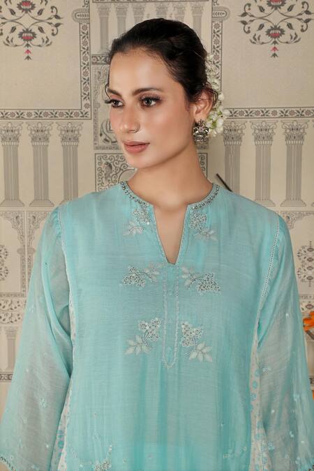 Shop_Falguni.Foram_Blue Chanderi Silk, Slip Mal Floral Notched Anarkali Pant Set _Online_at_Aza_Fashions