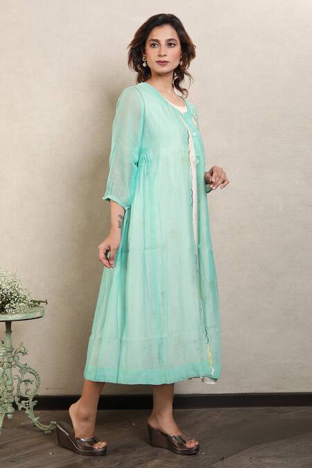 Falguni.Foram_White Dress With Mal Lining, Jacket Floral Print _Online_at_Aza_Fashions