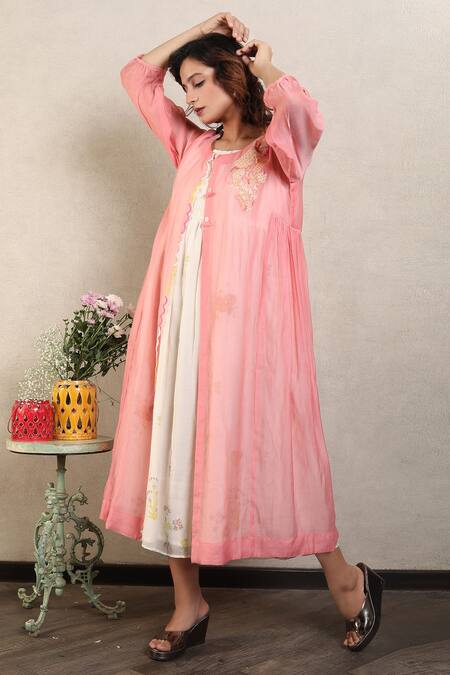 Falguni.Foram_White Dress With Mal Lining, Jacket Floral Print _Online_at_Aza_Fashions