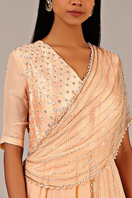 Buy_Nidhika Shekhar_Peach Organza Silk Lining Shantoon V Neck Draped Saree Gown _Online_at_Aza_Fashions