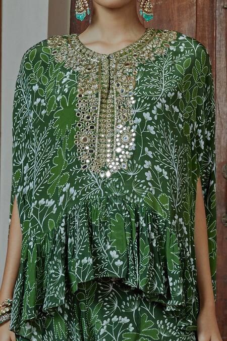 Buy_Arpita Mehta_Green Crepe Silk Floral Print And Mirror Round Cape Top & Pant Set_Online_at_Aza_Fashions
