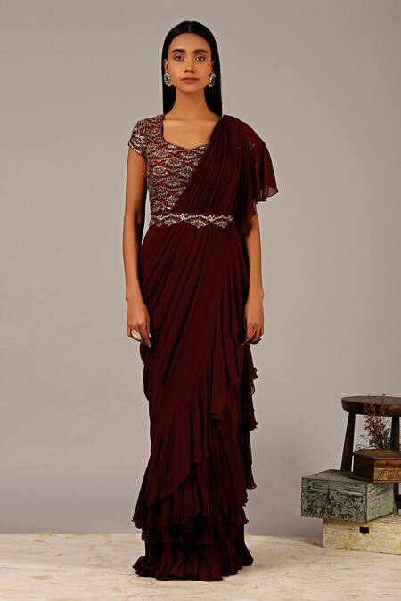 Nidhika Shekhar Maroon Silk Georgette Lining Shantoon V Neck Pre-draped Saree Set Online at Aza Fashions Nidhika Shekhar_Maroon Silk Georgette Lining Shantoon V Neck Pre-draped Saree Set _Online_at_Aza_Fashions