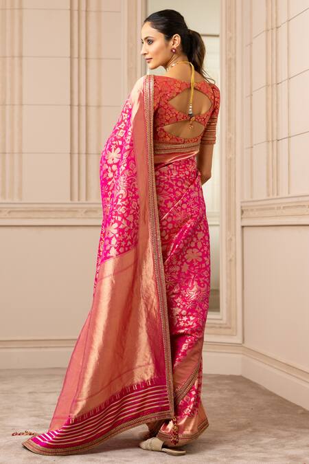 Shop_Tarun Tahiliani_Fuchsia Brocade Floral Kashmir Saree_at_Aza_Fashions