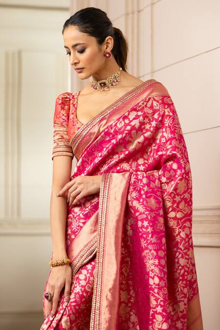 Tarun Tahiliani_Fuchsia Brocade Floral Kashmir Saree_Online_at_Aza_Fashions