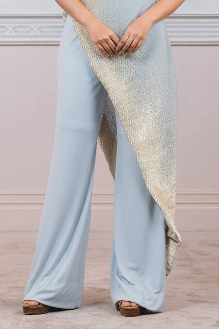 Shop Tarun Tahiliani Blue Lycra Jersey Asymmetric One Shoulder Draped Jumpsuit Online at Aza Fashions Shop_Tarun Tahiliani_Blue Lycra Jersey Asymmetric One Shoulder Draped Jumpsuit_Online_at_Aza_Fashions