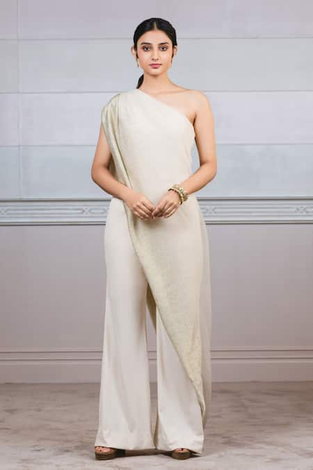 Tarun Tahiliani Beige Lycra Jersey Embroidery Asymmetric One Shoulder Draped Jumpsuit 