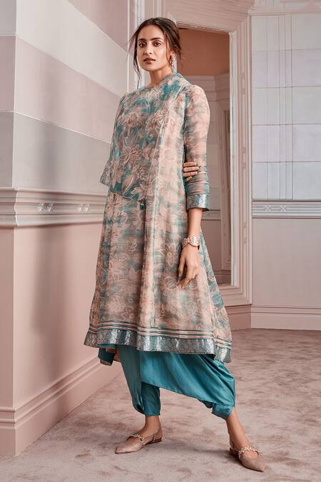 Tarun Tahiliani Blue Anarkali Organza Dhoti 50gms Round And Pant Set Online at Aza Fashions Tarun Tahiliani_Blue Anarkali Organza Dhoti 50gms Round And Pant Set_Online_at_Aza_Fashions