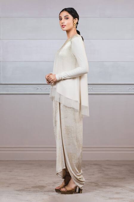 Tarun Tahiliani_White Dhoti Lycra Jersery Round Crinkle Foil Top And Draped Set_Online_at_Aza_Fashions