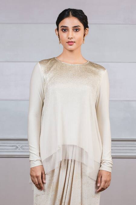 Buy_Tarun Tahiliani_White Dhoti Lycra Jersery Round Crinkle Foil Top And Draped Set_Online_at_Aza_Fashions