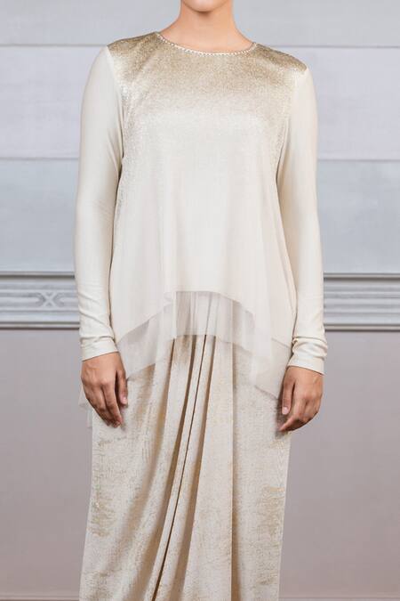 Shop_Tarun Tahiliani_White Dhoti Lycra Jersery Round Crinkle Foil Top And Draped Set_Online_at_Aza_Fashions