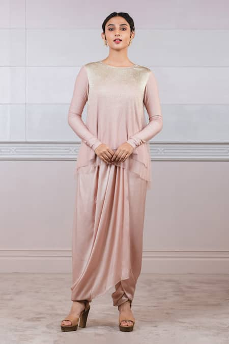 Tarun Tahiliani Pink Dhoti Lycra Jersery Embroidery Round Crinkle Foil Top And Draped Set 