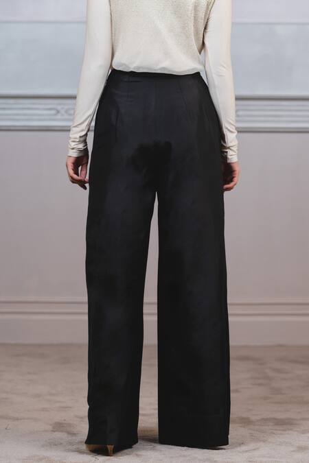 Tarun Tahiliani_Black Katan Silk Pleated Flared Pants_Online_at_Aza_Fashions