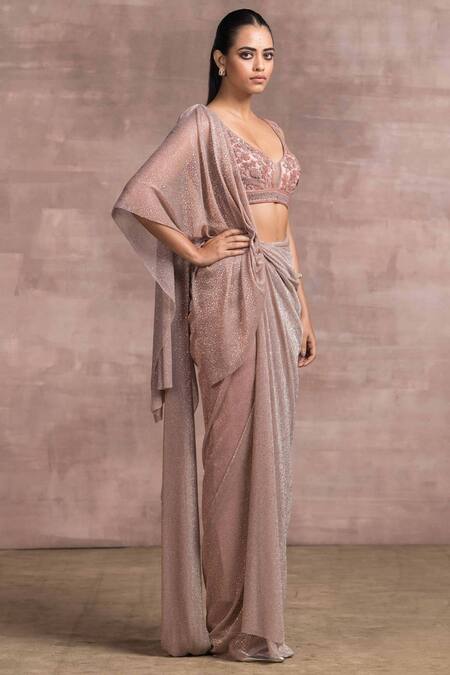 Tarun Tahiliani_Pink Saree Foil Crinkle Blouse Net V Neck Draped With_Online_at_Aza_Fashions