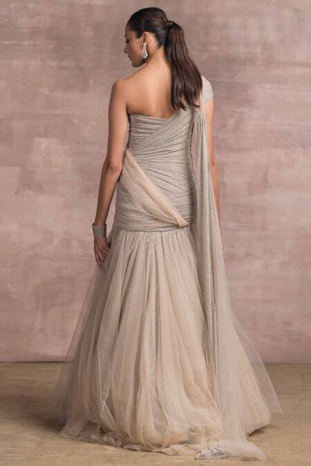 Shop_Tarun Tahiliani_Grey Net, Foil Crinkle Asymmetric One Shoulder Draped Gown_at_Aza_Fashions
