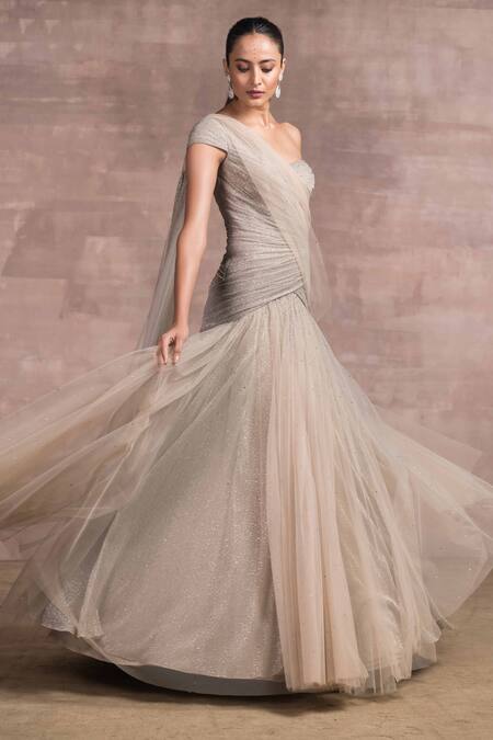 Tarun Tahiliani_Grey Net, Foil Crinkle Asymmetric One Shoulder Draped Gown_Online_at_Aza_Fashions