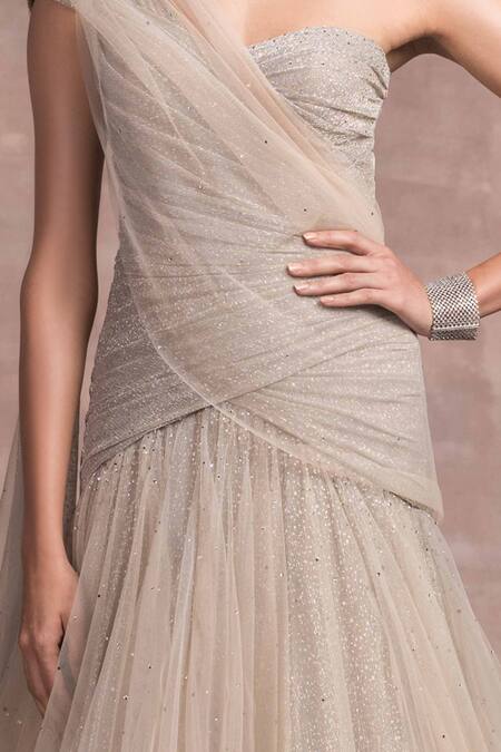 Buy_Tarun Tahiliani_Grey Net, Foil Crinkle Asymmetric One Shoulder Draped Gown_Online_at_Aza_Fashions