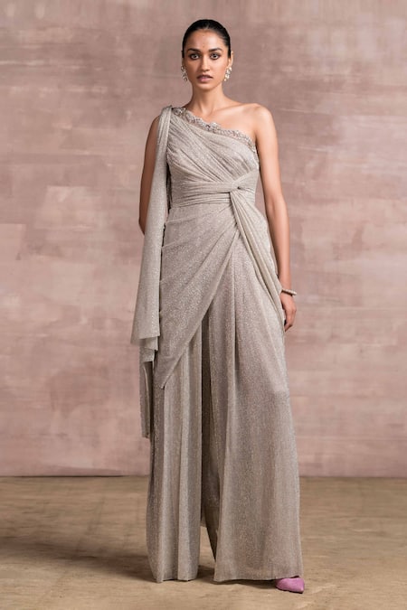 Tarun Tahiliani Grey Foil Crinkle Embroidery Asymmetric One Shoulder Draped Jumpsuit 