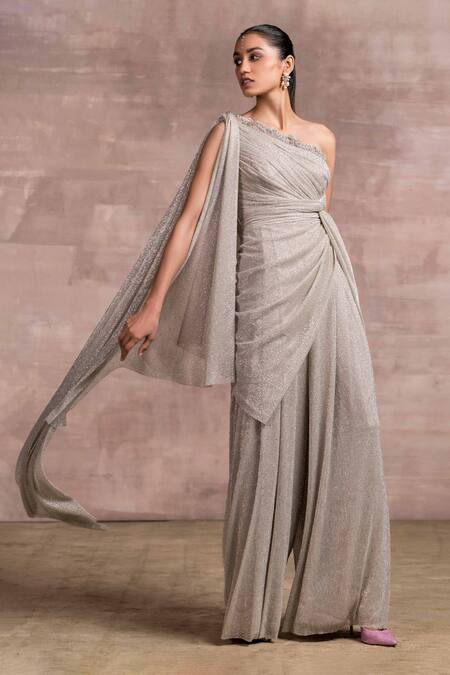 Tarun Tahiliani_Grey Net, Foil Crinkle Asymmetric One Shoulder Draped Jumpsuit_Online_at_Aza_Fashions