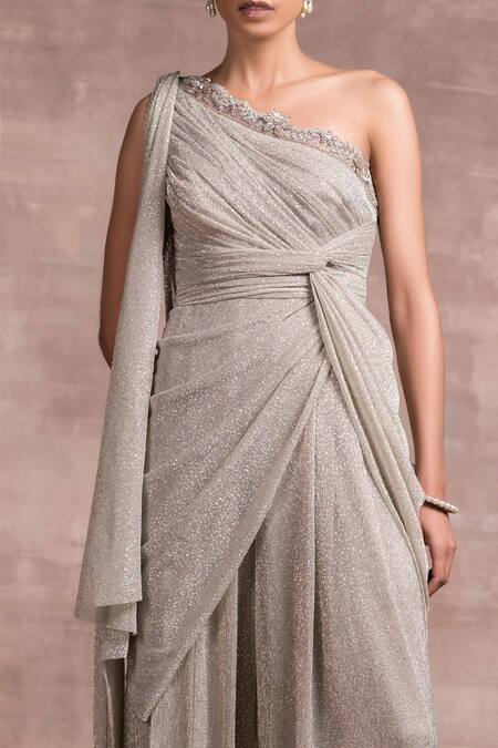 Buy_Tarun Tahiliani_Grey Net, Foil Crinkle Asymmetric One Shoulder Draped Jumpsuit_Online_at_Aza_Fashions