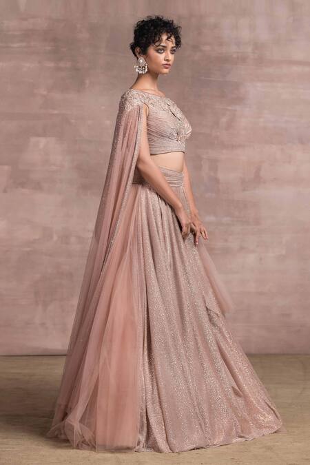 Tarun Tahiliani_Pink Lehenga  Foil Crinkle And Net Blouse  Indian Tulle Round Draped And Set_Online_at_Aza_Fashions