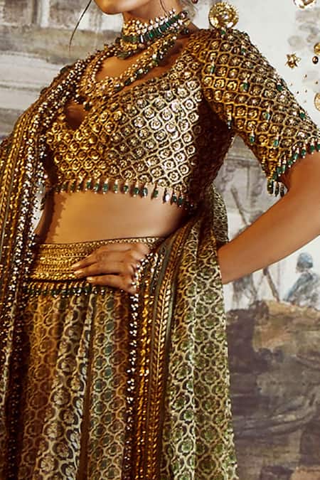 Buy_Tarun Tahiliani_Gold Blouse Silk Velvet, Dupatta Sheer Silk, Lehenga Printed Bridal Set_Online_at_Aza_Fashions