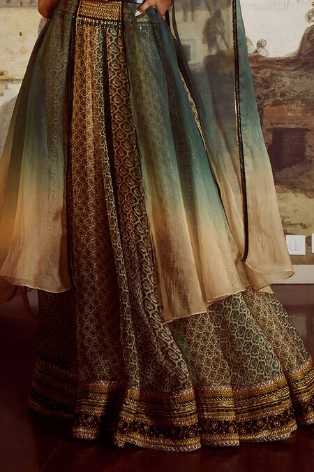 Buy_Tarun Tahiliani_Gold Bustier Silk Velvet, Lehenga And Cape Satin Organza Floral Printed & Set_Online_at_Aza_Fashions