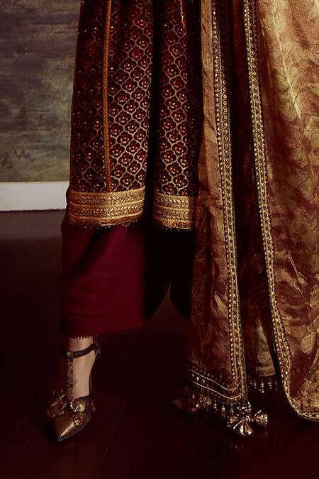 Tarun Tahiliani_Maroon Dhoti Pant Silk Organza, Dupatta Organza, Printed Set_Online_at_Aza_Fashions