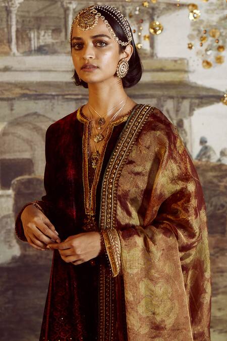 Buy_Tarun Tahiliani_Maroon Dhoti Pant Silk Organza, Dupatta Organza, Printed Set_Online_at_Aza_Fashions