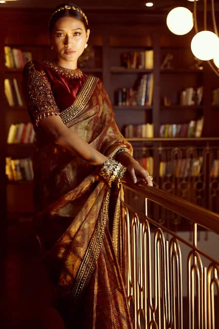 Tarun Tahiliani - Maroon Saree Tissue Printed Floral Round With Velvet  Blouse For Women