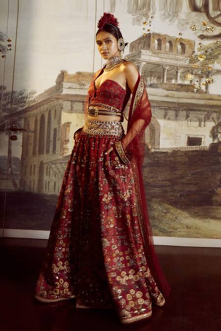 Tarun Tahiliani_Maroon Cape Tulle, Skirt And Bustier Kasab Satin, Trouser Poly Printed & Set_Online_at_Aza_Fashions