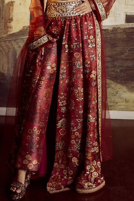 Buy_Tarun Tahiliani_Maroon Cape Tulle, Skirt And Bustier Kasab Satin, Trouser Poly Printed & Set_Online_at_Aza_Fashions