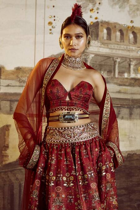 Shop_Tarun Tahiliani_Maroon Cape Tulle, Skirt And Bustier Kasab Satin, Trouser Poly Printed & Set_Online_at_Aza_Fashions