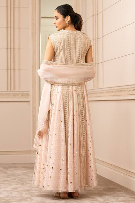 Shop Tarun Tahiliani Peach Anarkali Georgette Godet, Churidar Stretch Net, Scarf Embroidered Set at Aza Fashions Shop_Tarun Tahiliani_Peach Anarkali Georgette Godet, Churidar Stretch Net, Scarf Embroidered Set_at_Aza_Fashions