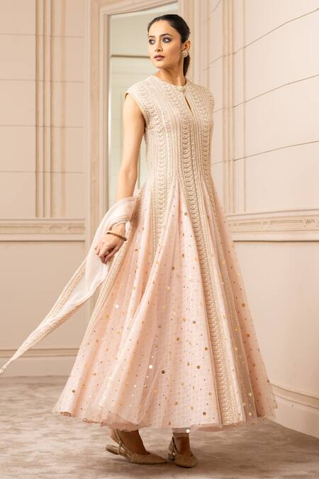Tarun Tahiliani Peach Anarkali Georgette Godet, Churidar Stretch Net, Scarf Embroidered Set Online at Aza Fashions Tarun Tahiliani_Peach Anarkali Georgette Godet, Churidar Stretch Net, Scarf Embroidered Set_Online_at_Aza_Fashions