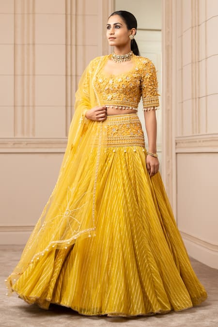 Tarun Tahiliani Yellow Silk Organza Brocade Embroidered Floral V Striped Kalidar Lehenga Set 